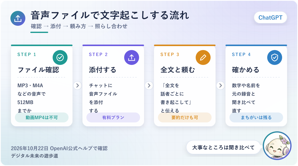 図解：ChatGPTに音声ファイルを渡して文字起こしする流れ(形式と512MBを確認→添付→全文と頼む→元の録音と照らして確認)