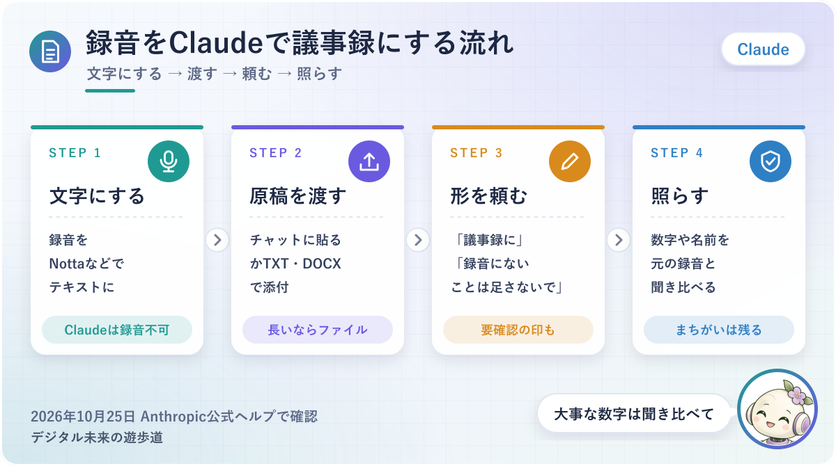 図解:録音をNottaで文字にして、Claudeで議事録に整える流れ(録音を文字に→原稿を渡す→頼み方→録音と照らす)