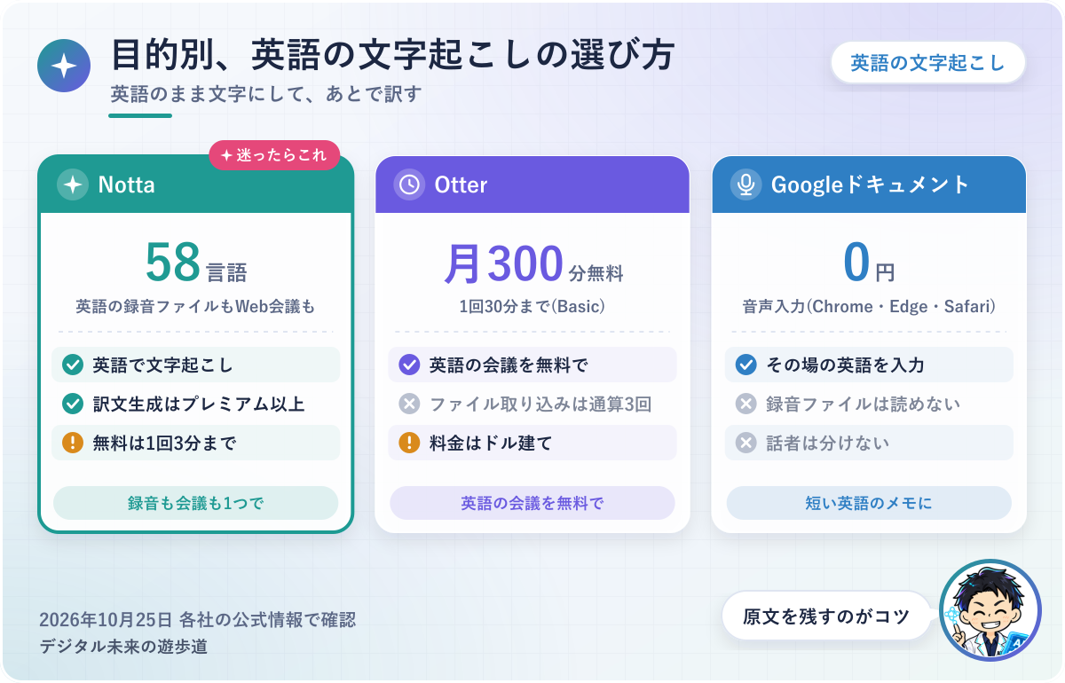 図解：英語の文字起こしの選び方(録音ファイルも会議もNotta/英語の会議を無料でOtter/その場の英語はGoogleドキュメントの音声入力)