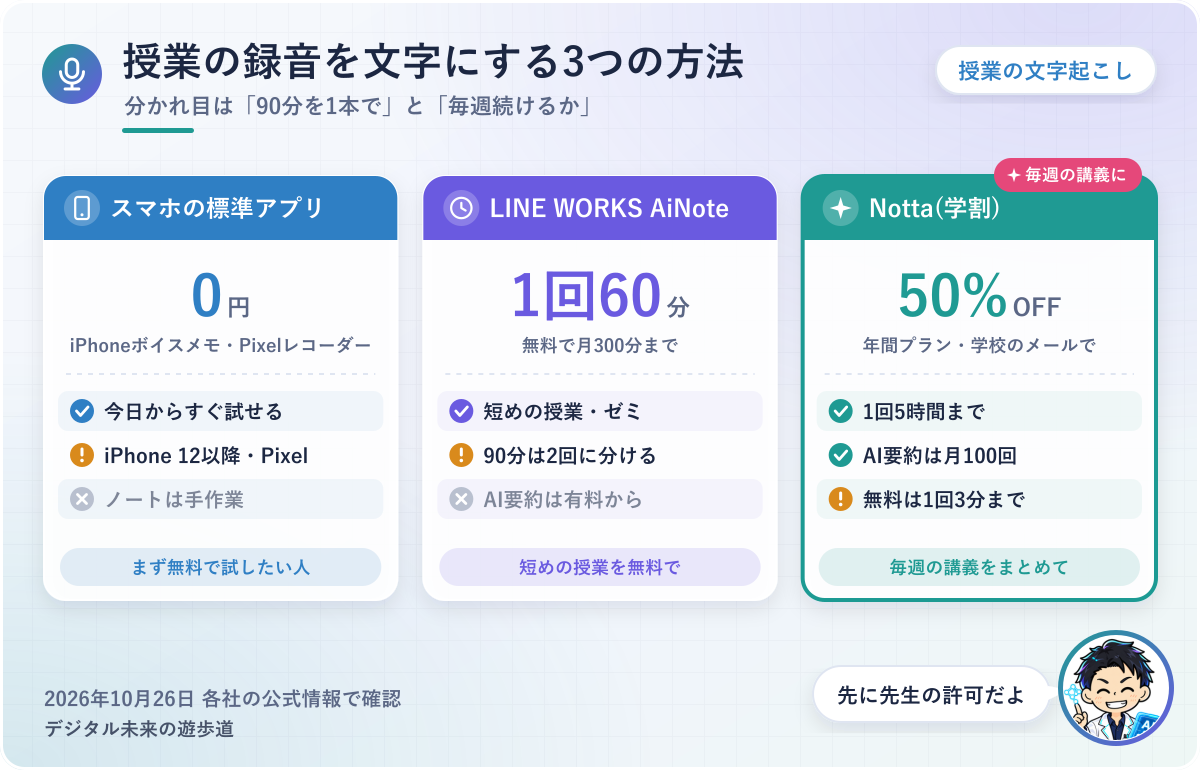 図解：授業の録音を文字にする3つの方法(まず無料ならスマホの標準アプリ/短めの授業を無料ならLINE WORKS AiNote/毎週の講義ならNottaの学割)