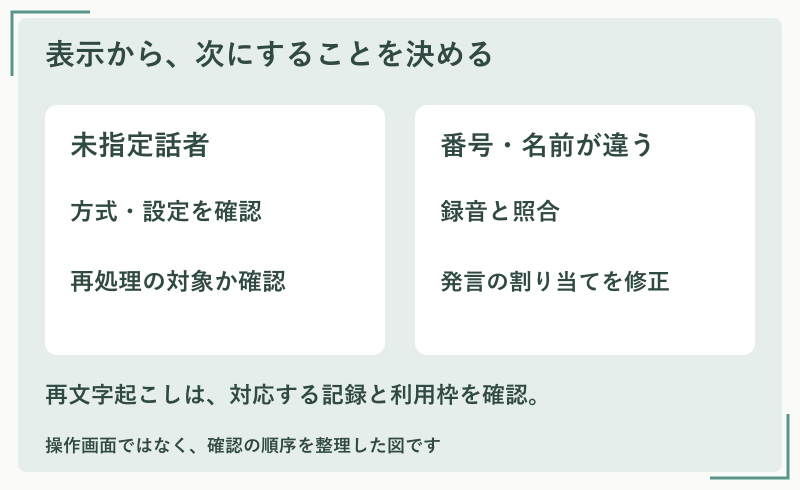 図解：未指定話者なら方式と設定、番号や名前の誤りなら録音と照合して発言の割り当てを確認する