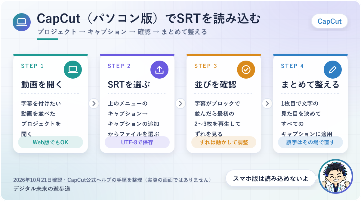 図解：CapCut（パソコン版）でSRTを読み込む4ステップ（プロジェクトを開く→キャプションからファイルを選ぶ→字幕のブロックを確認→すべてのキャプションに適用）
