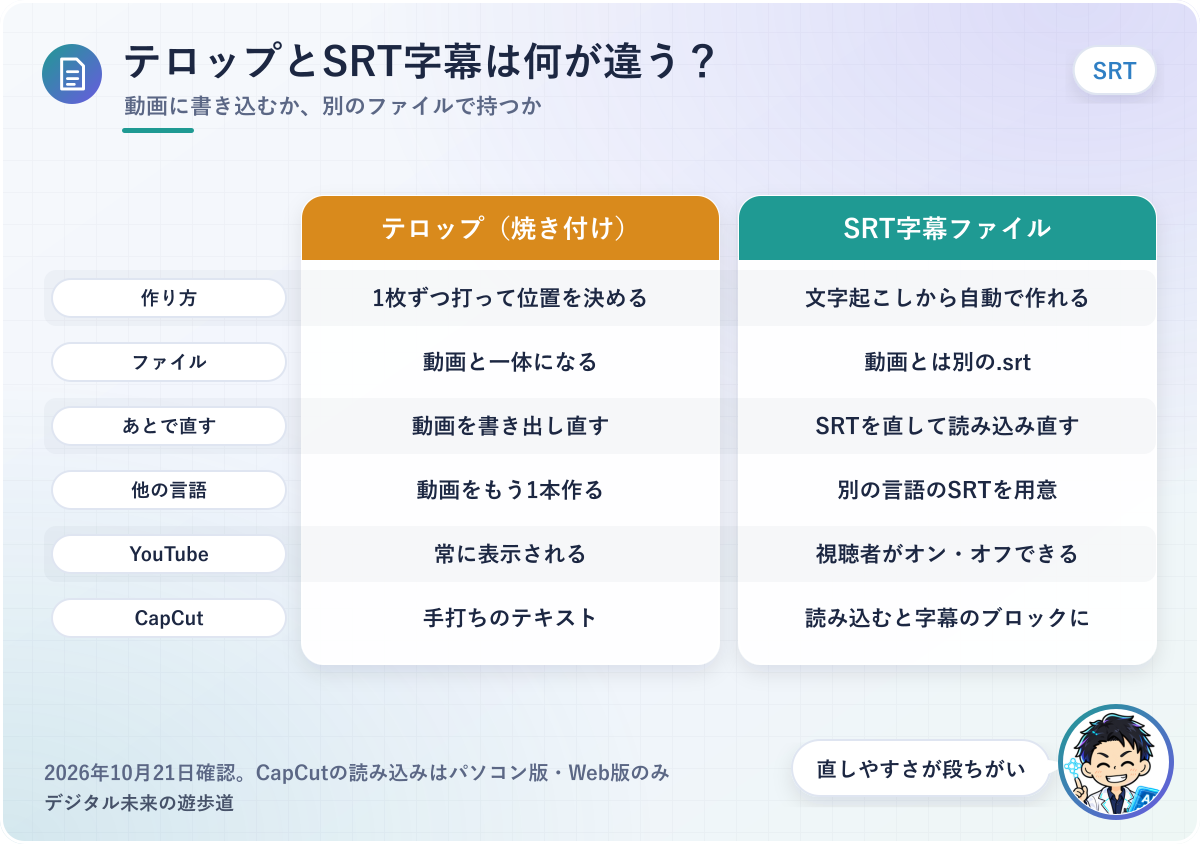 図解：テロップ（焼き付け字幕）とSRT字幕ファイルの違い（作り方・直しやすさ・オンオフ・向く使い方）