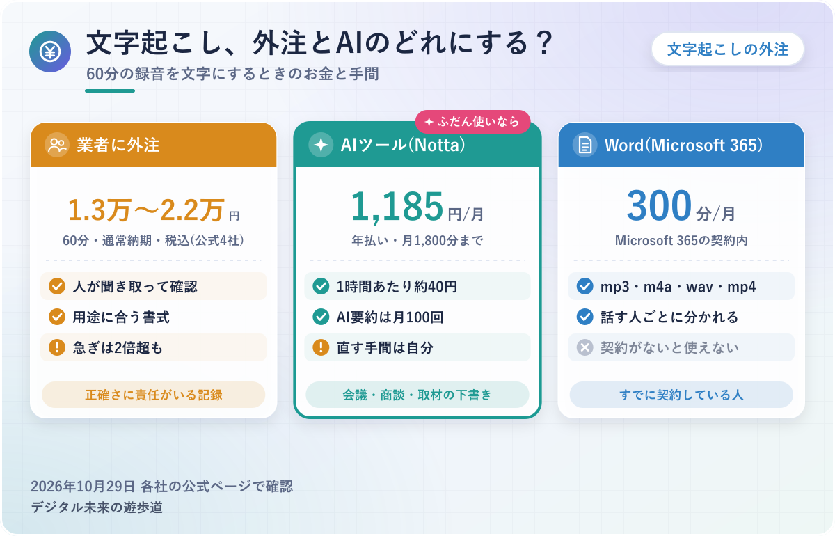 図解：文字起こしの外注とAIツールの選び方(業者に外注は60分税込1.3万〜2.2万円/Nottaは月1,185円で月1,800分/WordはMicrosoft 365で月300分)