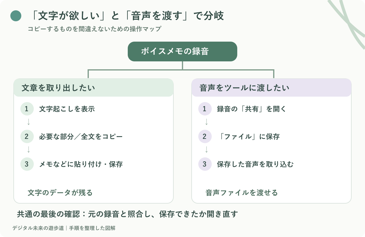 図解：文字は文字起こしをコピーして保存、音声は共有からファイル保存して取り込む。最後に録音と保存結果を確認