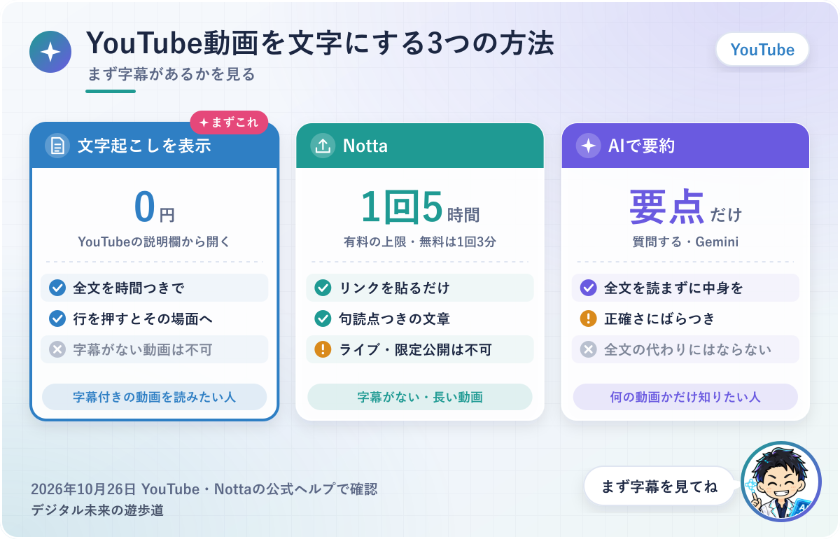 図解：YouTube動画を文字にする3つの方法(字幕があれば文字起こしを表示/字幕がない・長い動画はNotta/要点だけならAIで要約)