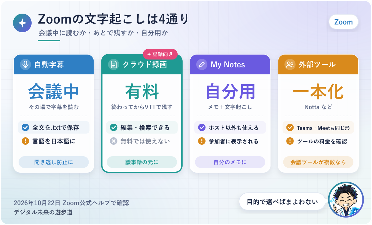 図解：Zoomの文字起こし4つのやり方(自動字幕・クラウド録画の文字起こし・My Notes・外部ツール)の比較